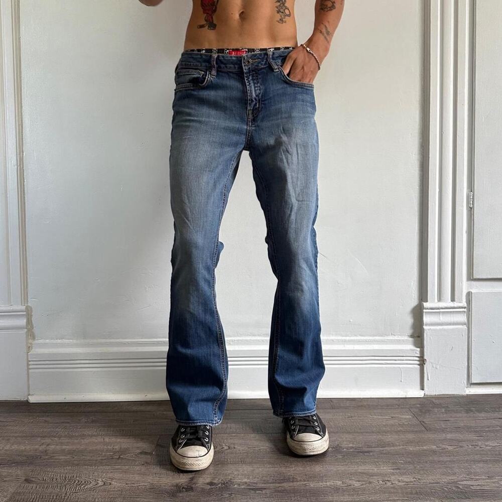 Vintage Y2K Dark Blue Indigo Flare Bootcut Slim Rockstar Sleaze Denim Jeans
